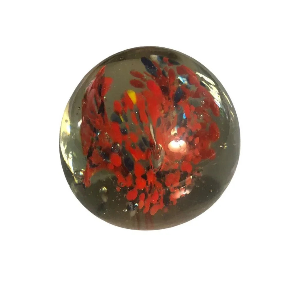 Vintage Art Glass Sm 2.25" Floral Paperweight Yellow Black Red Flower Unmarked